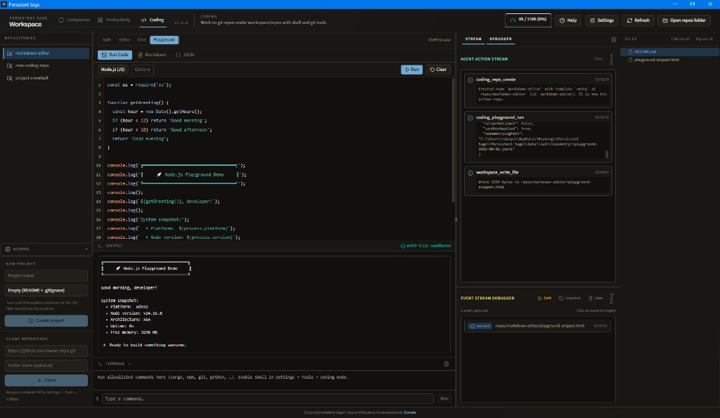 Coding mode with Node.js playground output, terminal, and repository file tree