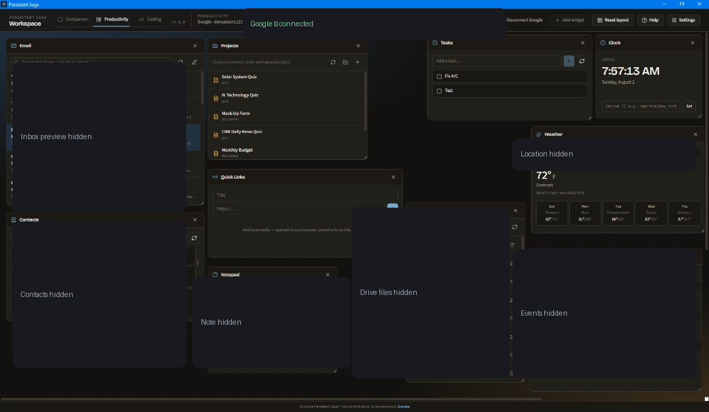 Productivity mode dashboard with email, calendar, tasks, weather, and project widgets